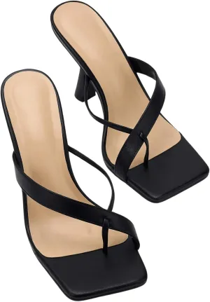 OYOANGLE Women's Square Toe Heeled Sandals Toe Ring Cross Strap Flip Flop Elegant High Stiletto Heels