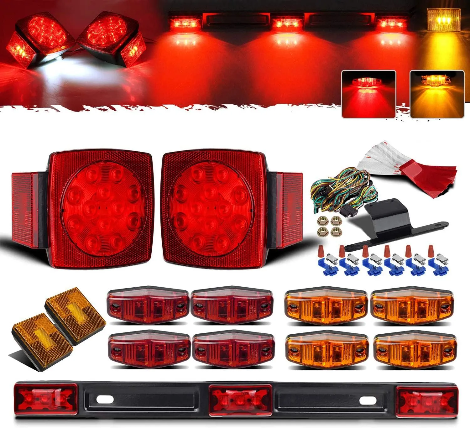 Partsam Submersible Trailer Lights Kit 12V - Square LED Kits   14" Red/Amber ID Light Bar   Clearance Lights