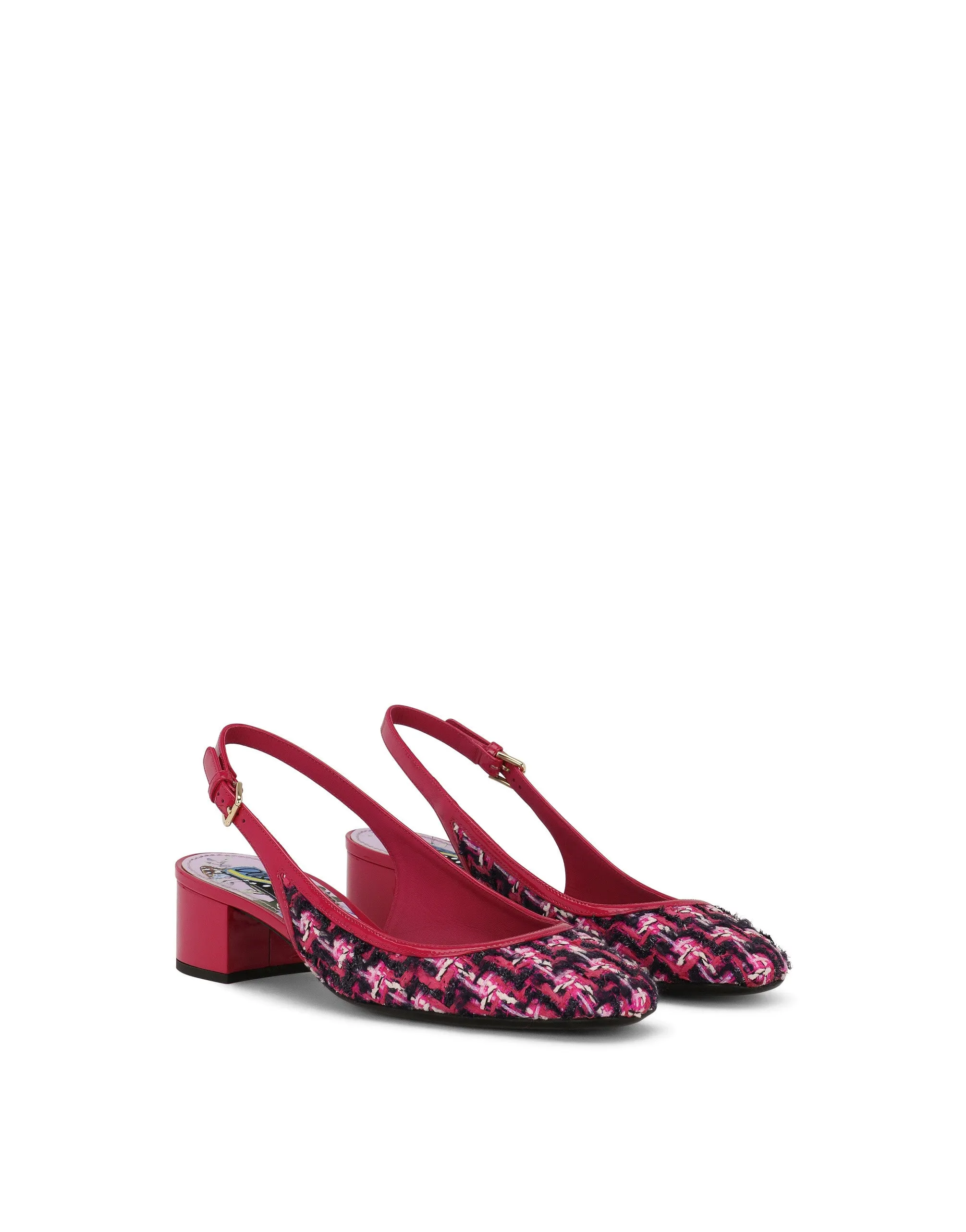 Patent leather and tweed slingbacks with DG logo