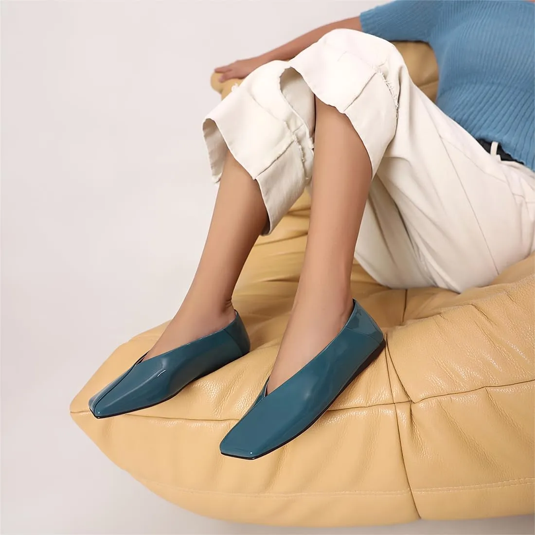 Patent Leather Ballet Flats for Women Fashionable Square Toe Ballet Flats Loafer Shoes for Women Nude Dress Shoes.