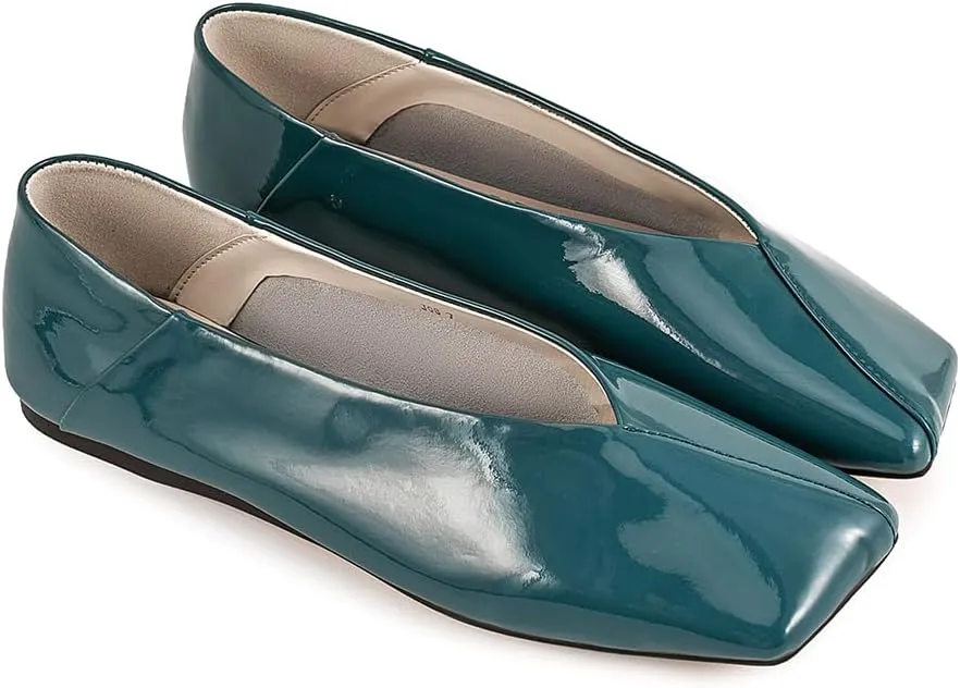Patent Leather Ballet Flats for Women Fashionable Square Toe Ballet Flats Loafer Shoes for Women Nude Dress Shoes.