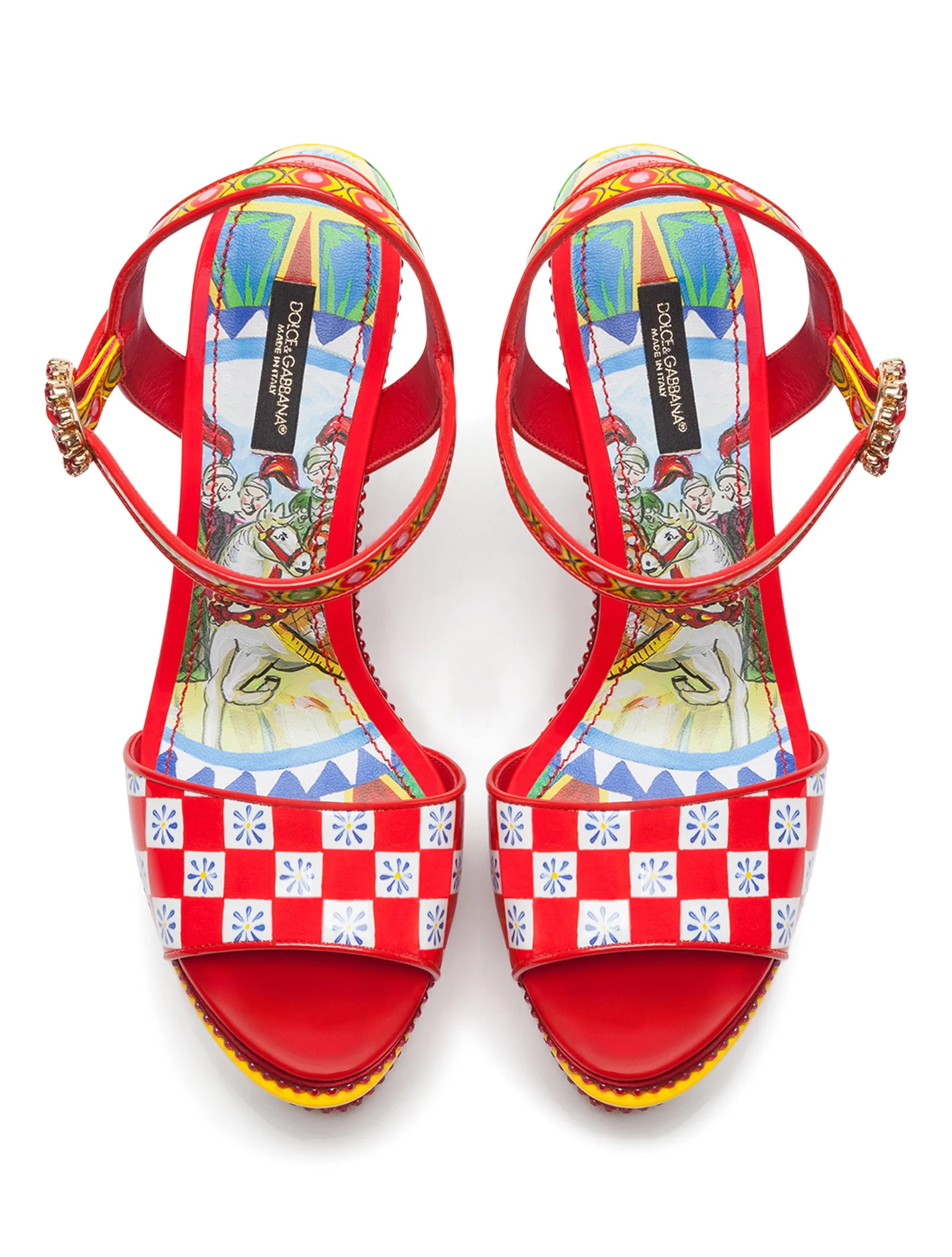 PATENT LEATHER SANDALS WITH WEDGE HEEL AND SICILIAN CARRETTO PRINT