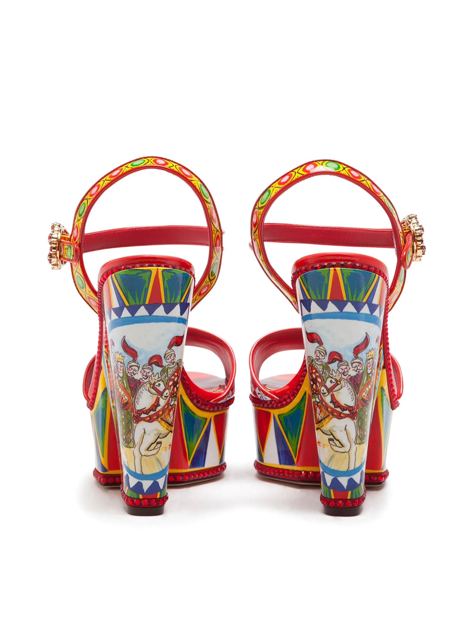 PATENT LEATHER SANDALS WITH WEDGE HEEL AND SICILIAN CARRETTO PRINT