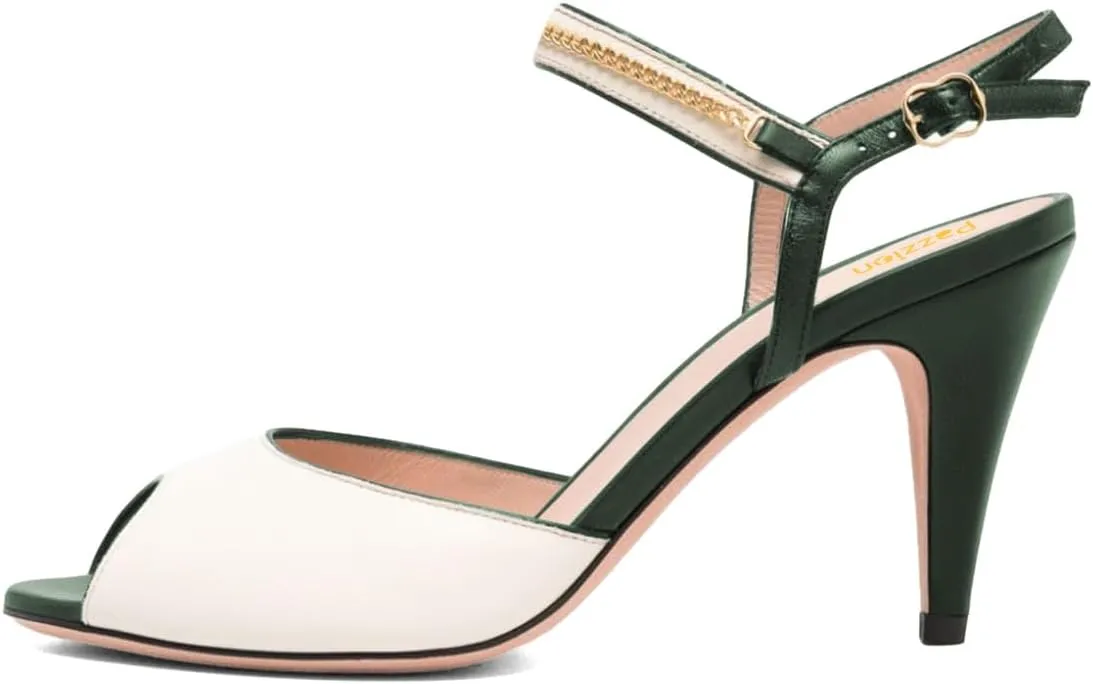 Pazzion Women Elegant Two Toned Peep Toe High Heel Sandals Chain Strap Buckles Cone Heeled Pumps Sexy Wedding Fancy Party Shoes Size 4-16 US