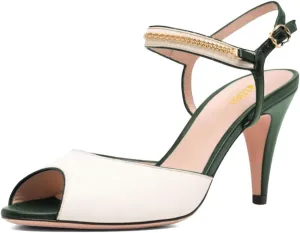 Pazzion Women Elegant Two Toned Peep Toe High Heel Sandals Chain Strap Buckles Cone Heeled Pumps Sexy Wedding Fancy Party Shoes Size 4-16 US