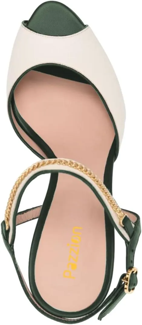 Pazzion Women Elegant Two Toned Peep Toe High Heel Sandals Chain Strap Buckles Cone Heeled Pumps Sexy Wedding Fancy Party Shoes Size 4-16 US