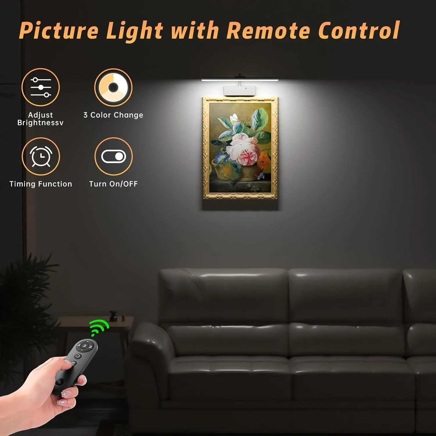Picture Light with Remote, 15.35inch Wireless Rechargeable Battery Wall Light for Paintings, 3 Colors Paintings Light Dimmable &Timer Metal Art Light for Display, Wall, Artwork, Gallery (Silver)