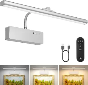 Picture Light with Remote, 15.35inch Wireless Rechargeable Battery Wall Light for Paintings, 3 Colors Paintings Light Dimmable &Timer Metal Art Light for Display, Wall, Artwork, Gallery (Silver)