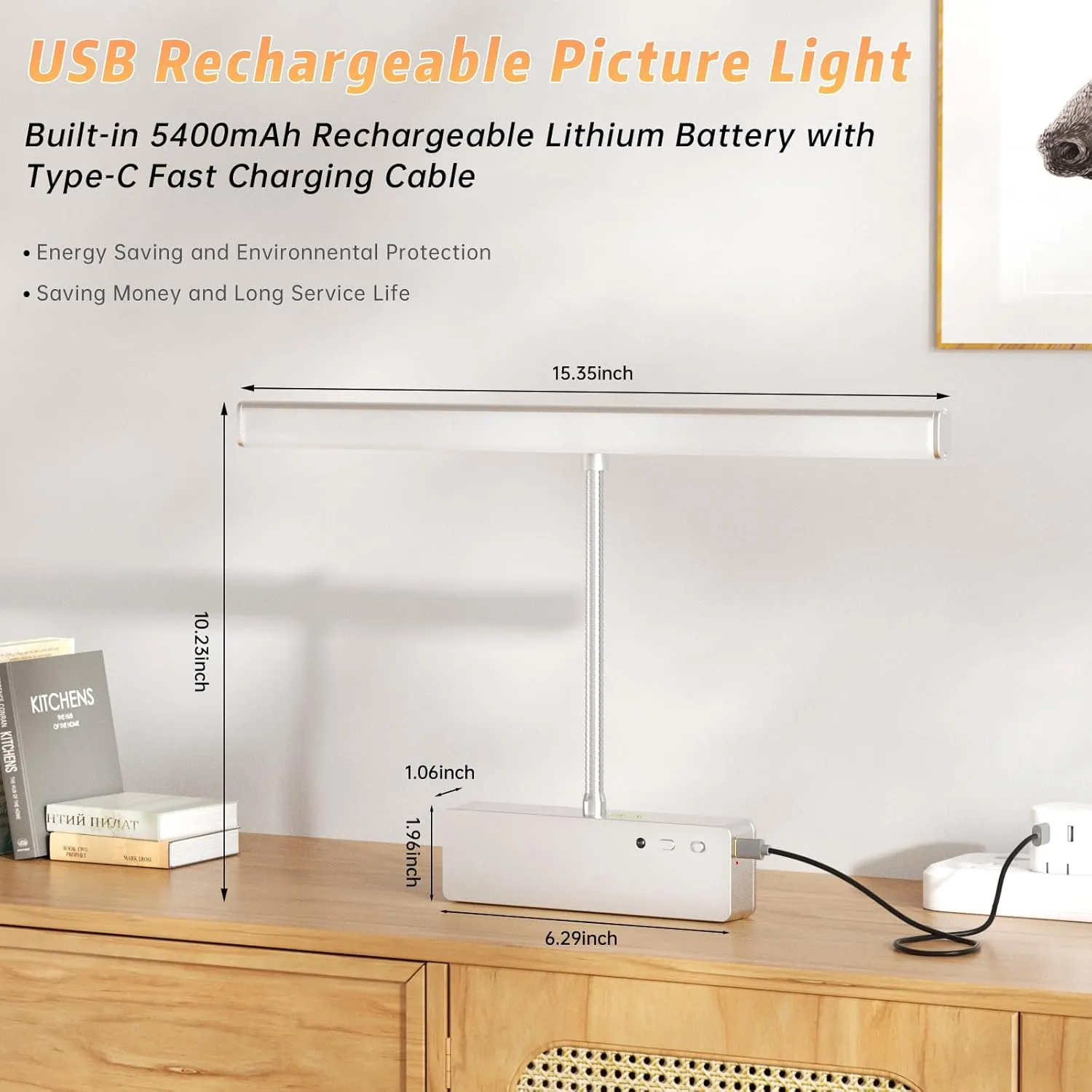 Picture Light with Remote, 15.35inch Wireless Rechargeable Battery Wall Light for Paintings, 3 Colors Paintings Light Dimmable &Timer Metal Art Light for Display, Wall, Artwork, Gallery (Silver)