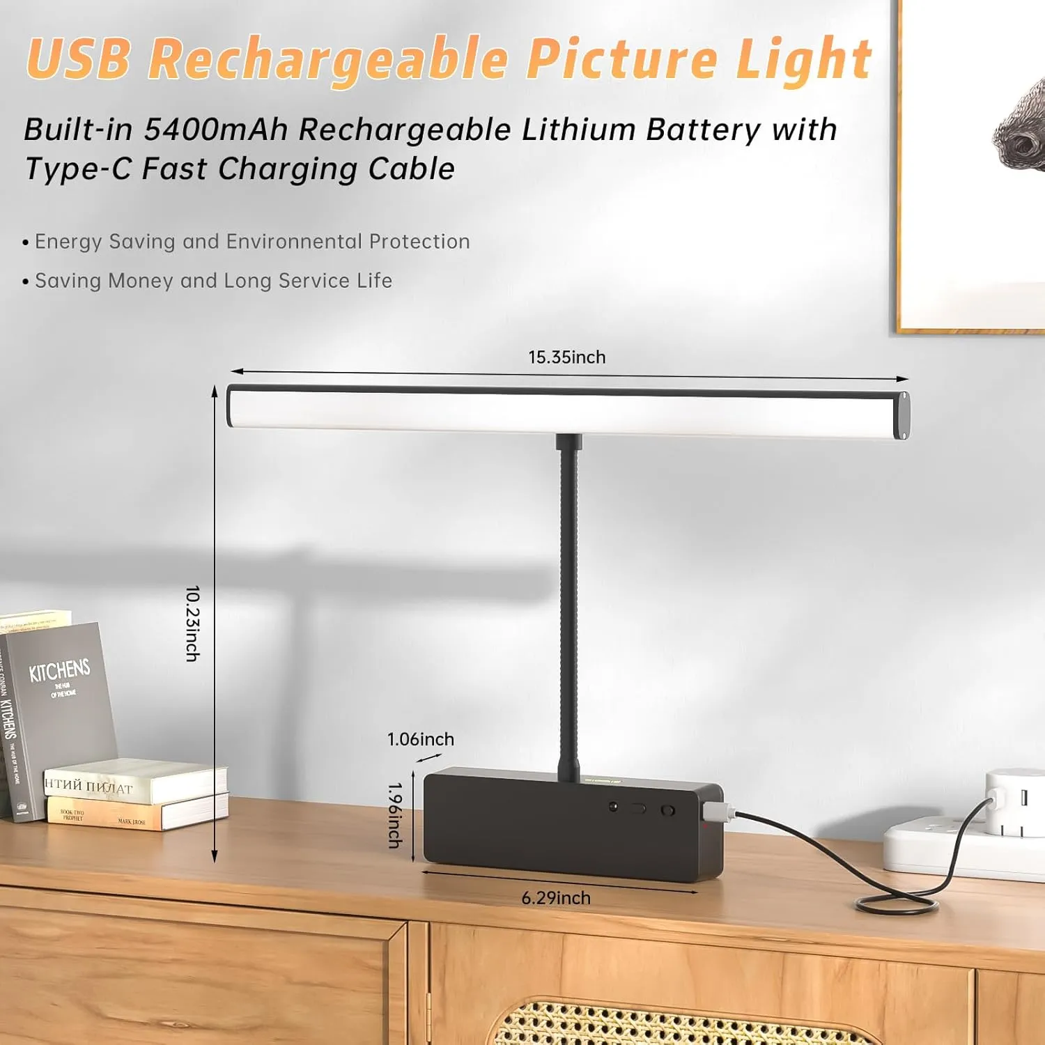 Picture Light with Remote, 15.35inch Wireless Rechargeable Battery Wall Light for Paintings, 3 Colors Paintings Light Dimmable and Timer Metal Art Light for Display, Wall, Artwork, Gallery (Black)2PCS