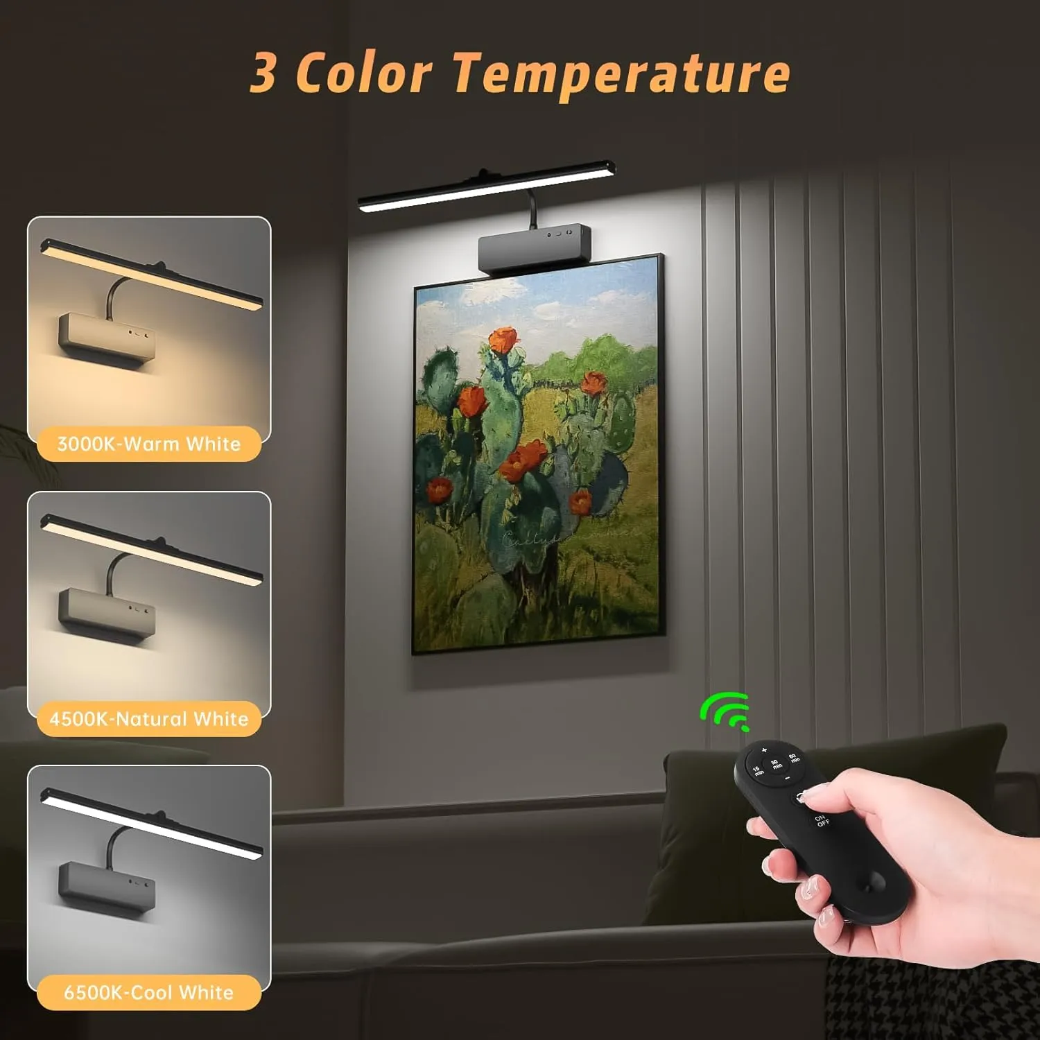 Picture Light with Remote, 15.35inch Wireless Rechargeable Battery Wall Light for Paintings, 3 Colors Paintings Light Dimmable and Timer Metal Art Light for Display, Wall, Artwork, Gallery (Black)2PCS