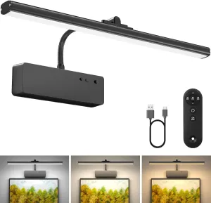 Picture Light with Remote, 15.35inch Wireless Rechargeable Battery Wall Light for Paintings, 3 Colors Paintings Light Dimmable and Timer Metal Art Light for Display, Wall, Artwork, Gallery (Black)