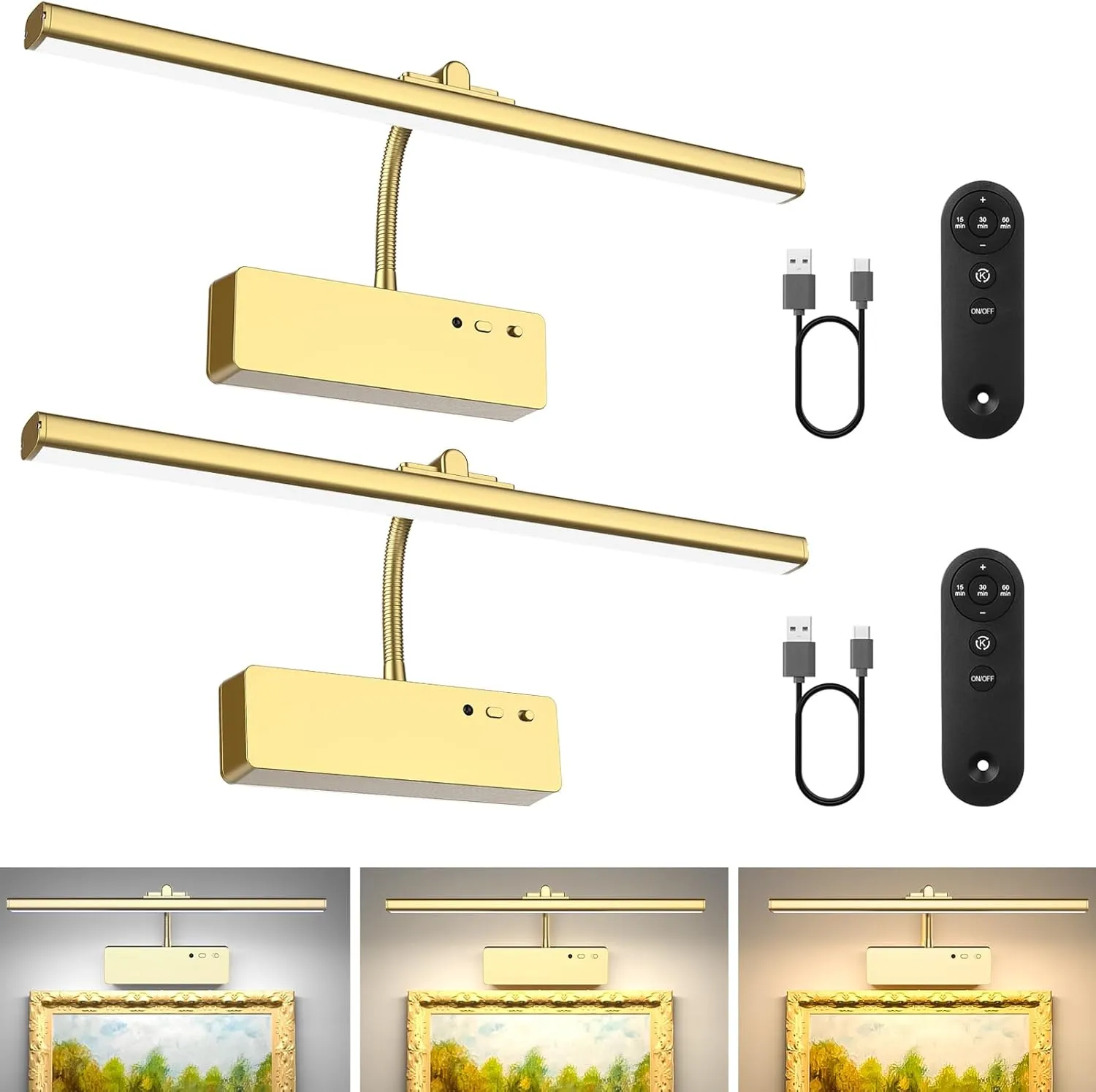 Picture Light with Remote, 15.35inch Wireless Rechargeable Battery Wall Light for Paintings, 3 Colors Paintings Light Dimmable and Timer Metal Art Light for Display, Wall, Artwork, Gallery (Gold) 2PCS