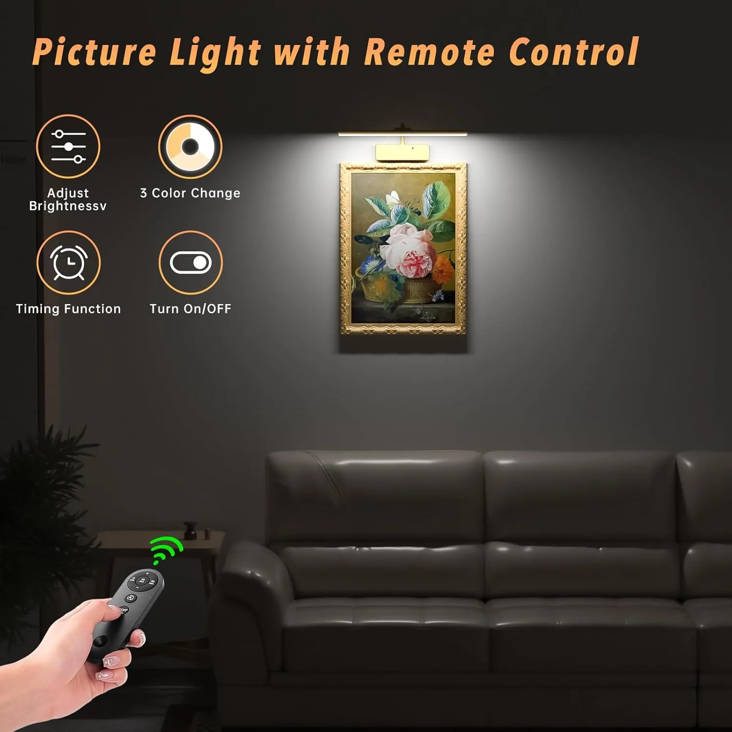 Picture Light with Remote, 15.35inch Wireless Rechargeable Battery Wall Light for Paintings, 3 Colors Paintings Light Dimmable and Timer Metal Art Light for Display, Wall, Artwork, Gallery (Gold) 2PCS
