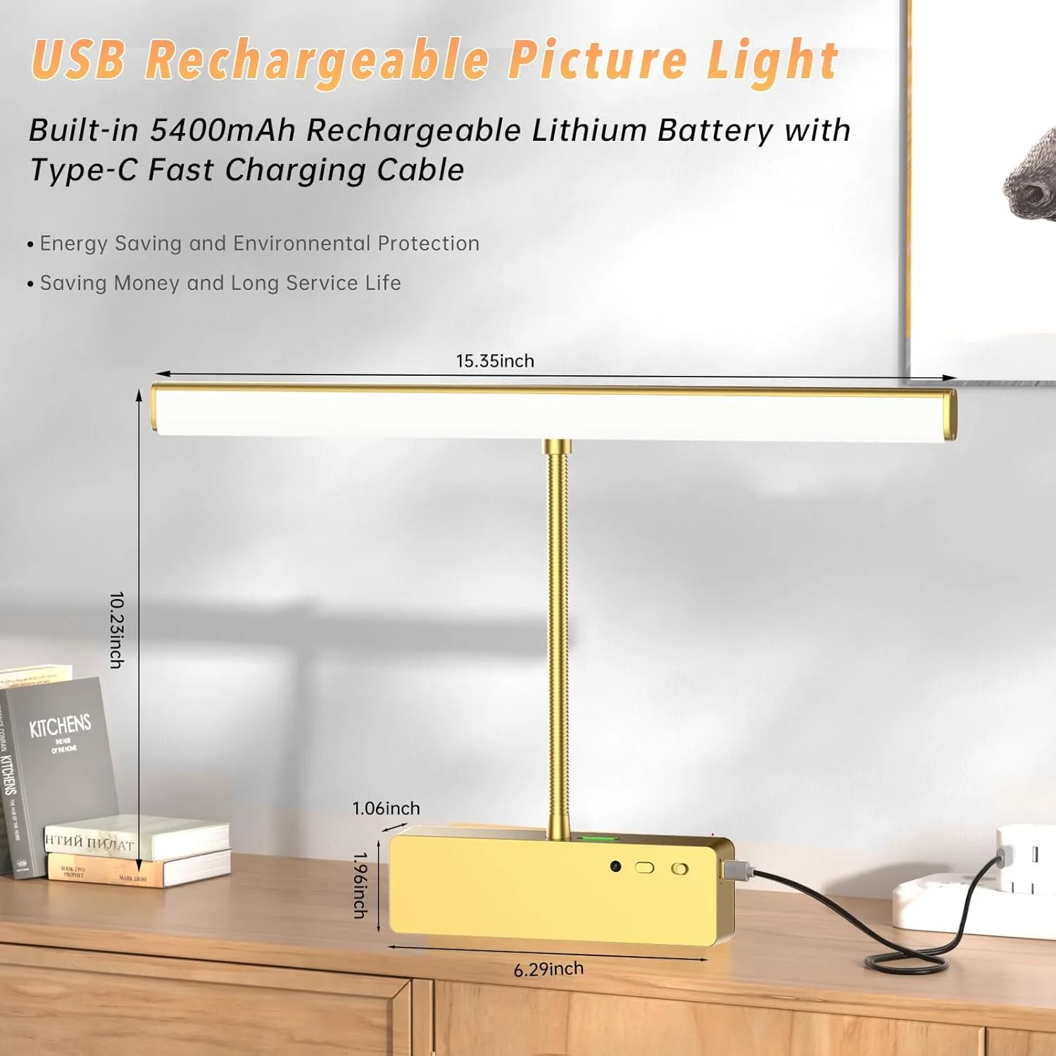 Picture Light with Remote, 15.35inch Wireless Rechargeable Battery Wall Light for Paintings, 3 Colors Paintings Light Dimmable and Timer Metal Art Light for Display, Wall, Artwork, Gallery (Gold) 2PCS