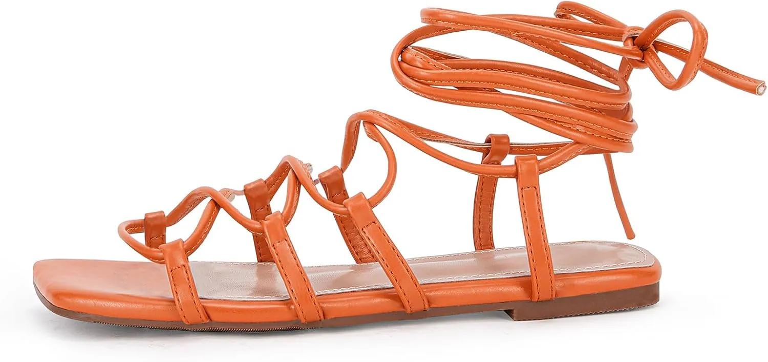 PiePieBuy Womens Lace up Square Toes Flat Sandals with Ankle Strap Summer Criss-Cross Gladiator Shoes