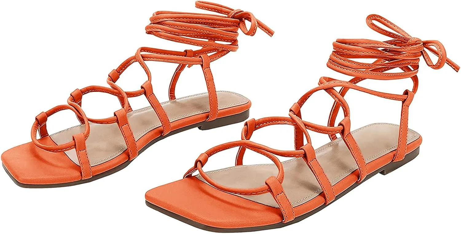 PiePieBuy Womens Lace up Square Toes Flat Sandals with Ankle Strap Summer Criss-Cross Gladiator Shoes