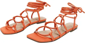 PiePieBuy Womens Lace up Square Toes Flat Sandals with Ankle Strap Summer Criss-Cross Gladiator Shoes