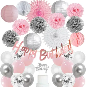 Pink White Silver Birthday Decorations Pom Poms Paper Lanterns Fans Light Pink and Silver Birthday Decorations Pink White and Silver Balloons Kit with Happy Birthday Banner Cake Topper for Women Girls
