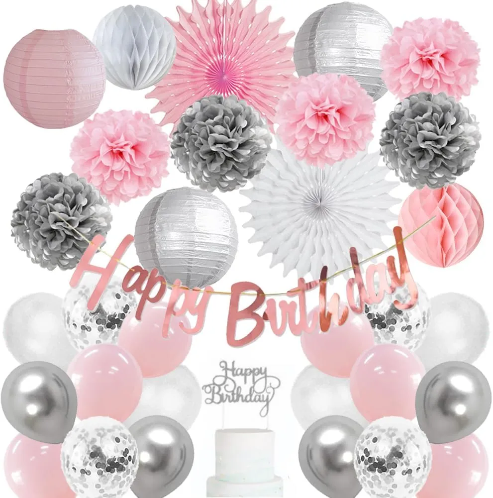 Pink White Silver Birthday Decorations Pom Poms Paper Lanterns Fans Light Pink and Silver Birthday Decorations Pink White and Silver Balloons Kit with Happy Birthday Banner Cake Topper for Women Girls