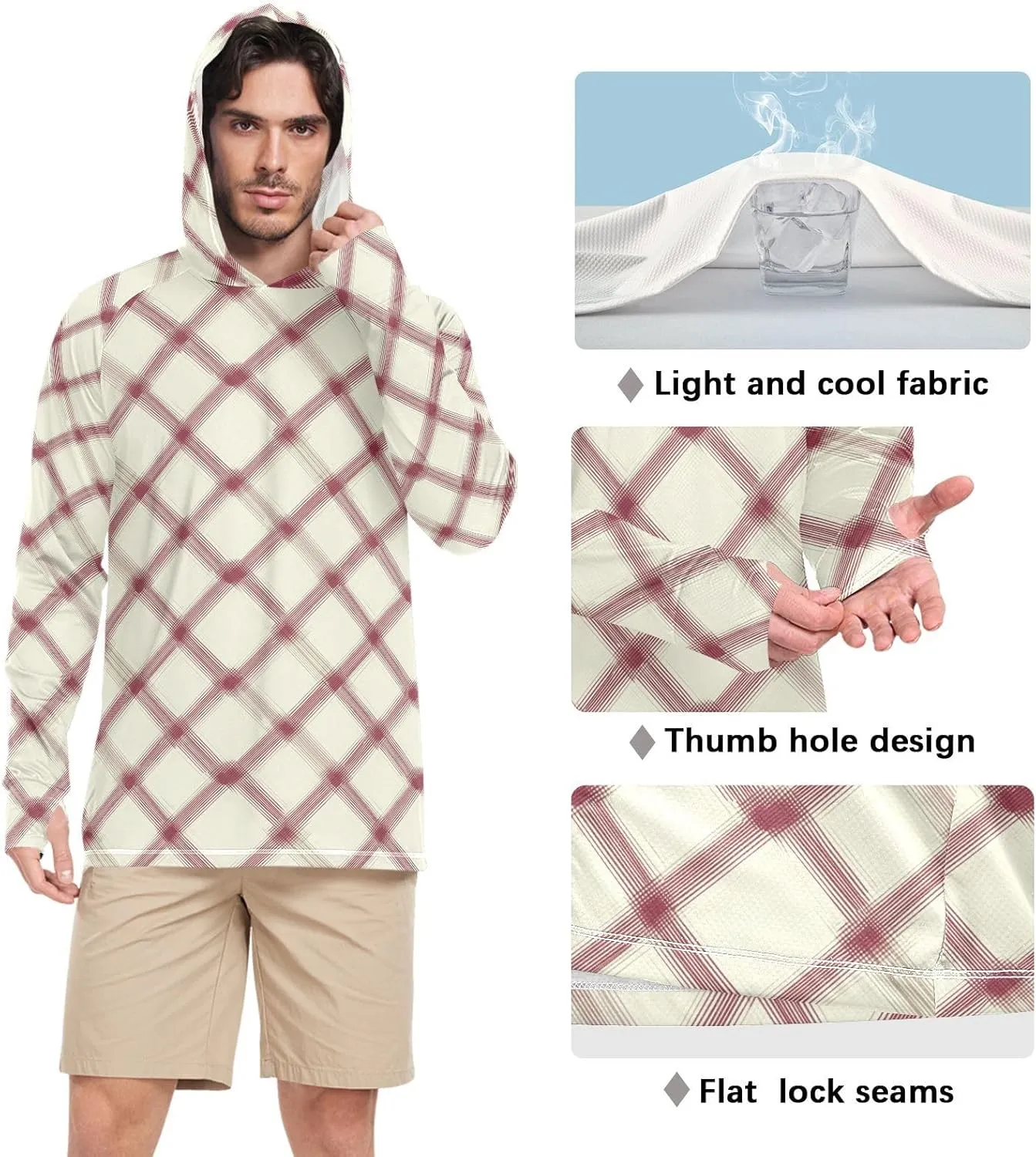 Plaid Gingham Men's Sun Protection Hoodie Long Sleeve Fishing Shirt UPF 50  Hiking Hoodie Rashguard for Men