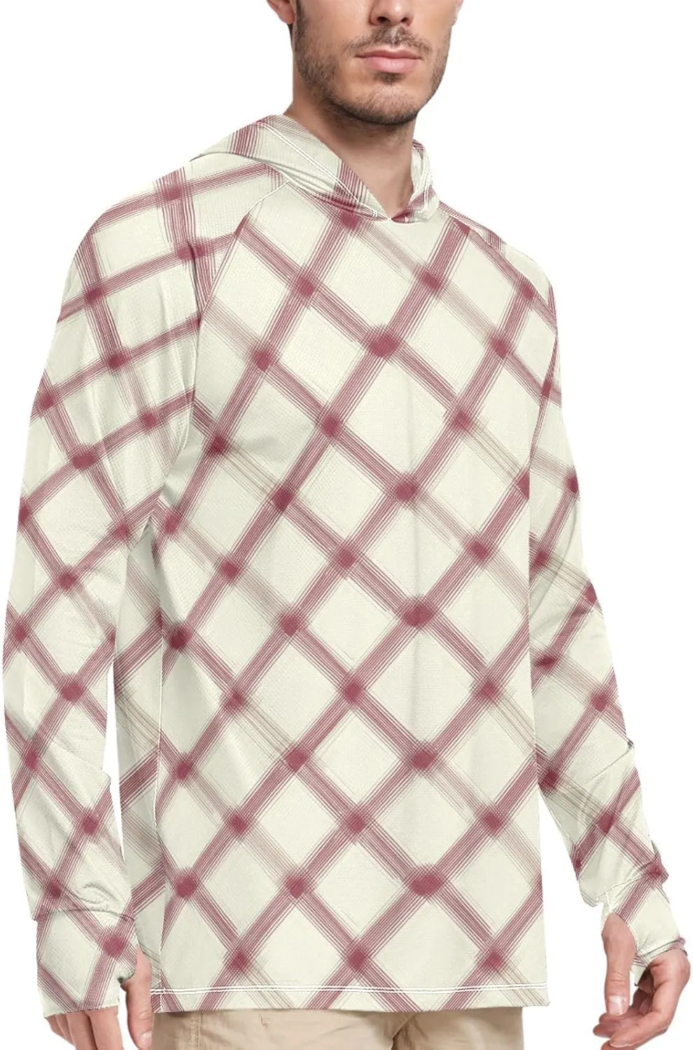 Plaid Gingham Men's Sun Protection Hoodie Long Sleeve Fishing Shirt UPF 50  Hiking Hoodie Rashguard for Men