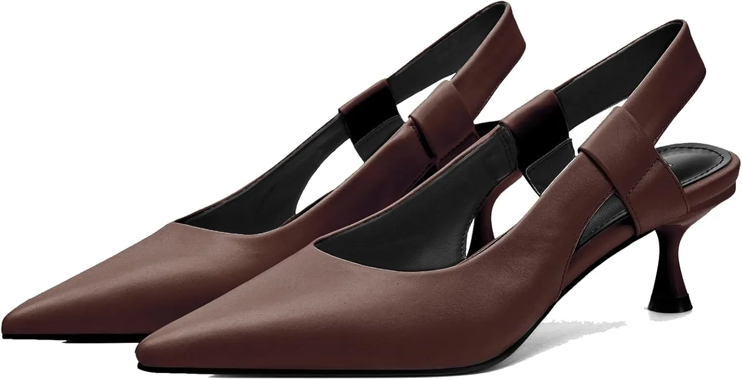 Pointed Toe Slingback Kitten Heels for Women, Leather Stiletto Heel Pumps with Elastic Strap Elegant Bridal Heel Dating Party Work Office Backless Pumps Shoes