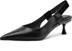 Pointed Toe Slingback Kitten Heels for Women, Leather Stiletto Heel Pumps with Elastic Strap Elegant Bridal Heel Dating Party Work Office Backless Pumps Shoes