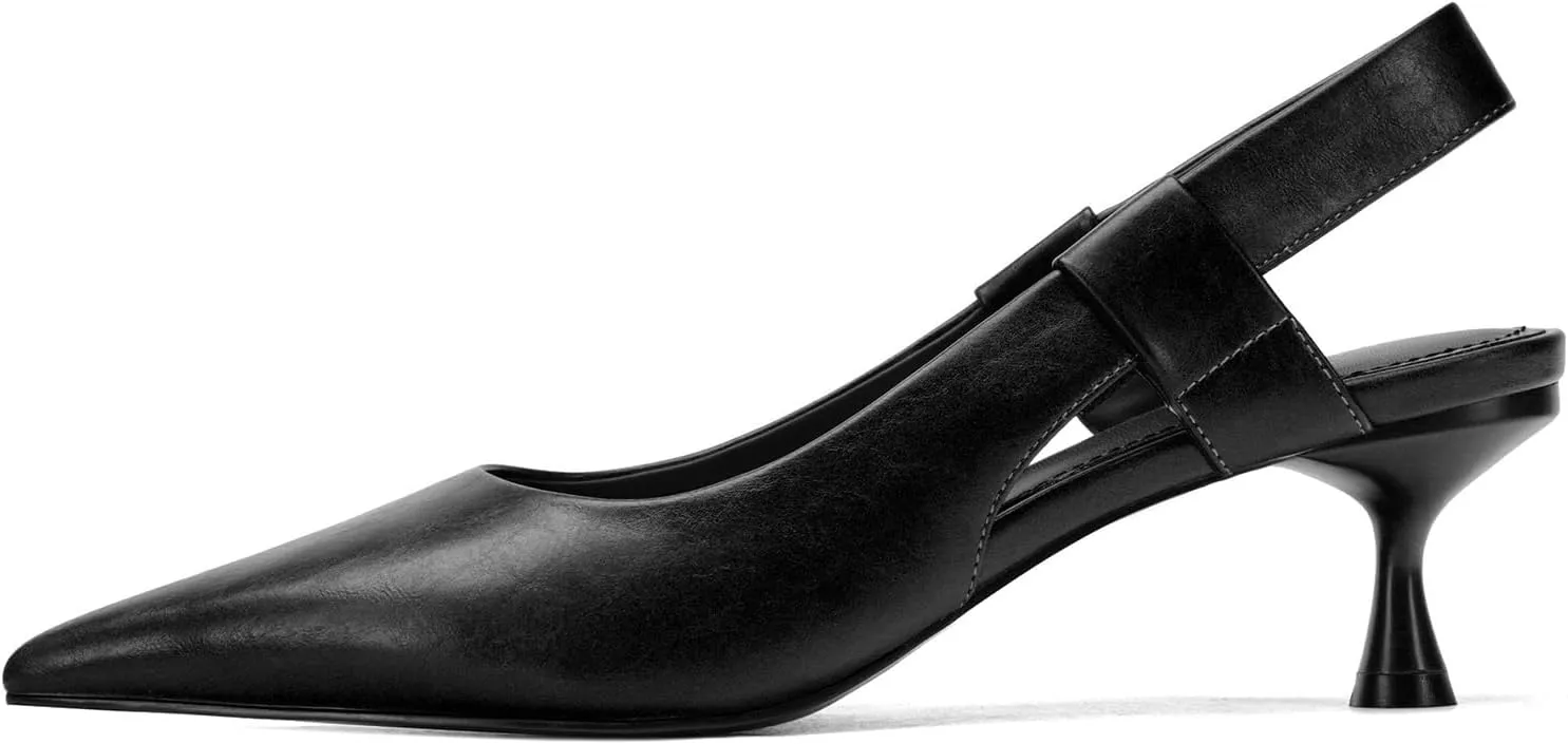 Pointed Toe Slingback Kitten Heels for Women, Leather Stiletto Heel Pumps with Elastic Strap Elegant Bridal Heel Dating Party Work Office Backless Pumps Shoes