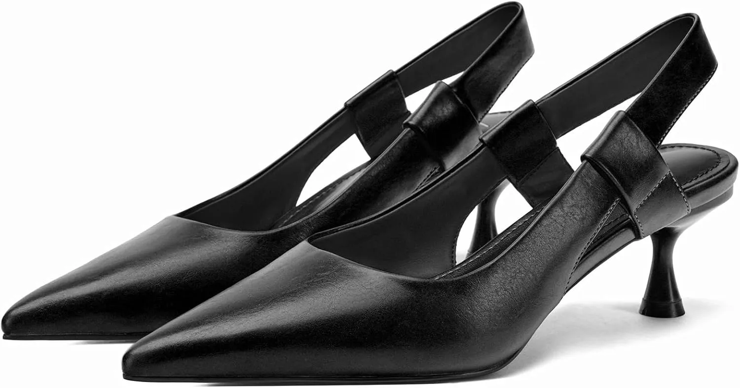 Pointed Toe Slingback Kitten Heels for Women, Leather Stiletto Heel Pumps with Elastic Strap Elegant Bridal Heel Dating Party Work Office Backless Pumps Shoes