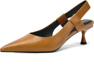 Pointed Toe Slingback Kitten Heels for Women, Leather Stiletto Heel Pumps with Elastic Strap Elegant Bridal Heel Dating Party Work Office Backless Pumps Shoes