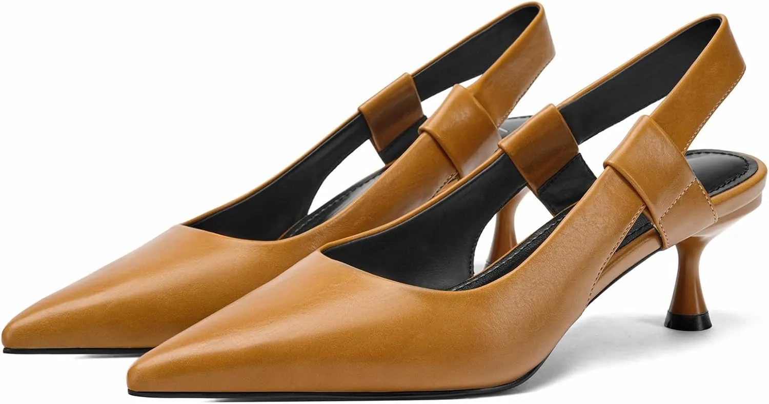 Pointed Toe Slingback Kitten Heels for Women, Leather Stiletto Heel Pumps with Elastic Strap Elegant Bridal Heel Dating Party Work Office Backless Pumps Shoes