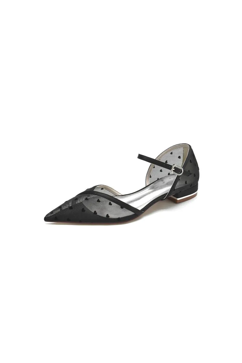 Pointed Toe Strap Buckle Mesh Low Heels