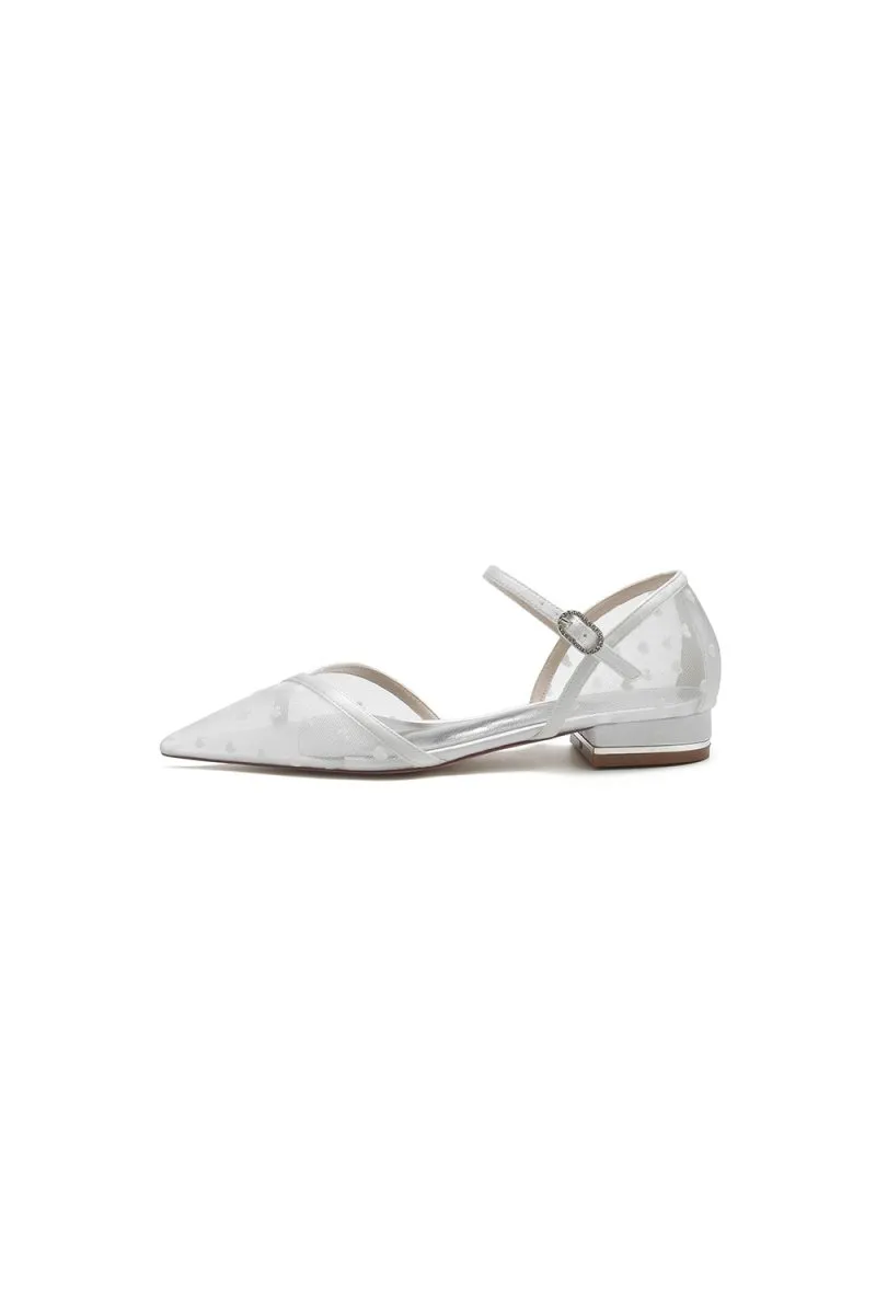 Pointed Toe Strap Buckle Mesh Low Heels