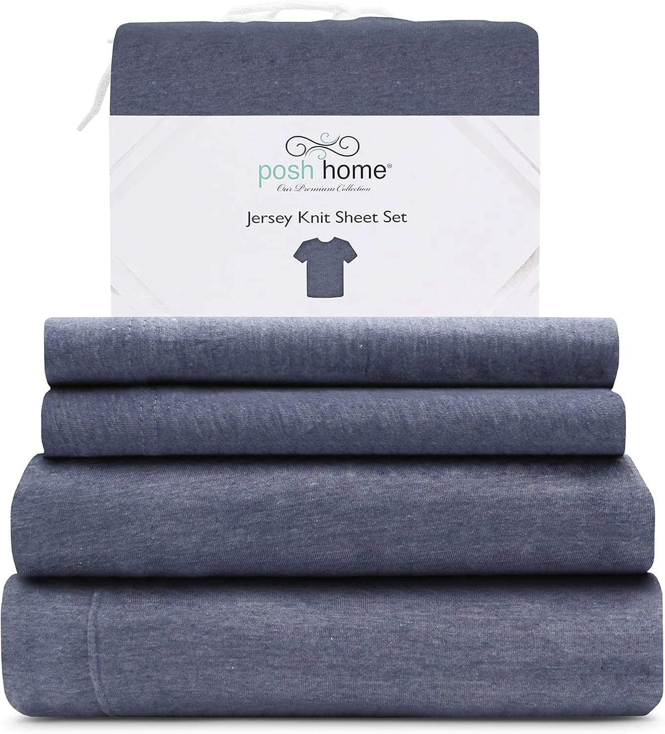 Posh Home 4-Piece Jersey Bed Sheet Set King, Navy: T-Shirt Breathable & Soft Cotton Blend Jersey Sheets Includes Flat Sheet, Fitted Sheet, & 2 Pillowcases