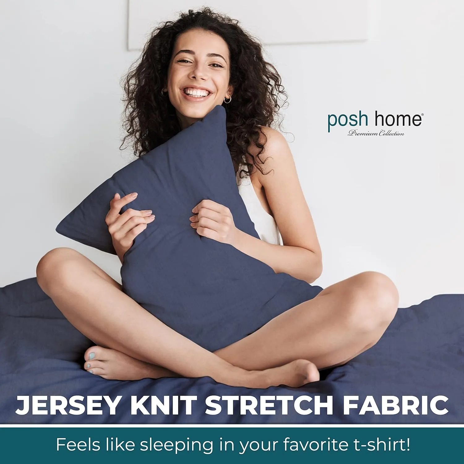 Posh Home 4-Piece Jersey Bed Sheet Set King, Navy: T-Shirt Breathable & Soft Cotton Blend Jersey Sheets Includes Flat Sheet, Fitted Sheet, & 2 Pillowcases