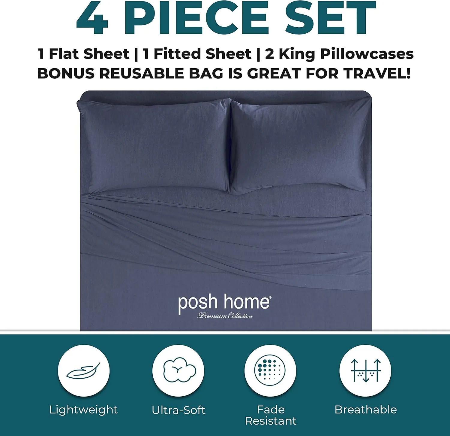 Posh Home 4-Piece Jersey Bed Sheet Set King, Navy: T-Shirt Breathable & Soft Cotton Blend Jersey Sheets Includes Flat Sheet, Fitted Sheet, & 2 Pillowcases