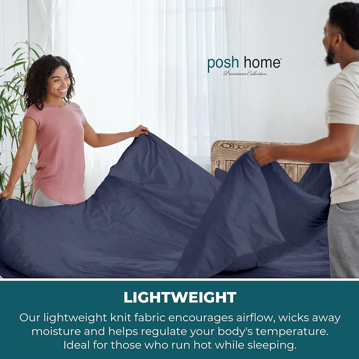 Posh Home 4-Piece Jersey Bed Sheet Set King, Navy: T-Shirt Breathable & Soft Cotton Blend Jersey Sheets Includes Flat Sheet, Fitted Sheet, & 2 Pillowcases