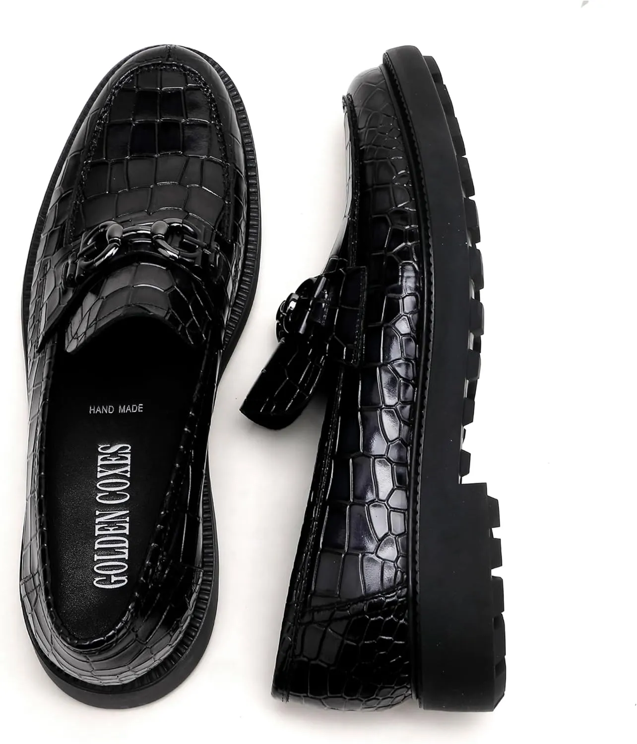 Premium Mens Leather Dress Shoes, Classic Casual Crocodile Printed Business Buckle Dress Slip on Penny Loafer Party Wedding Shoes for Mens