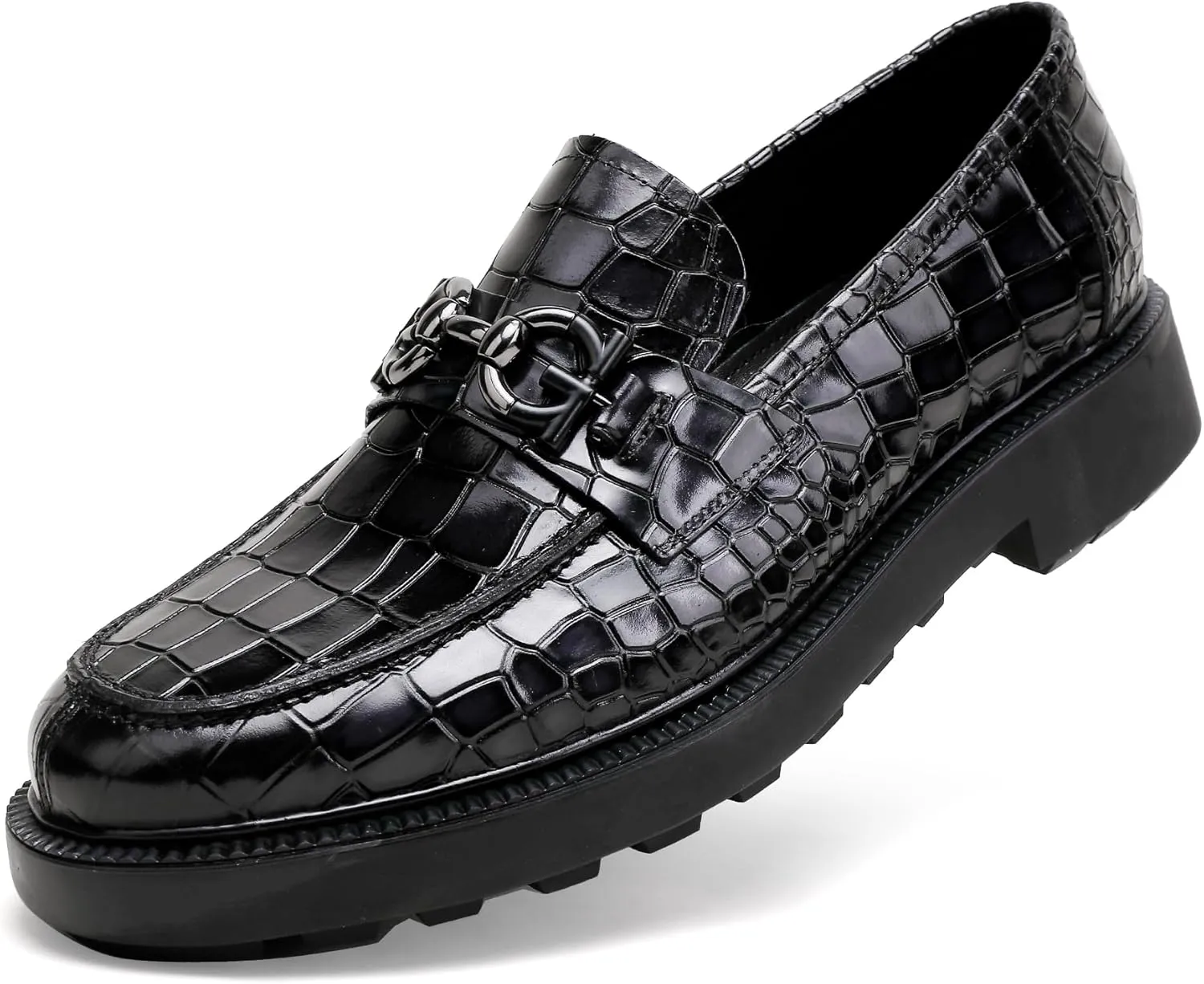 Premium Mens Leather Dress Shoes, Classic Casual Crocodile Printed Business Buckle Dress Slip on Penny Loafer Party Wedding Shoes for Mens