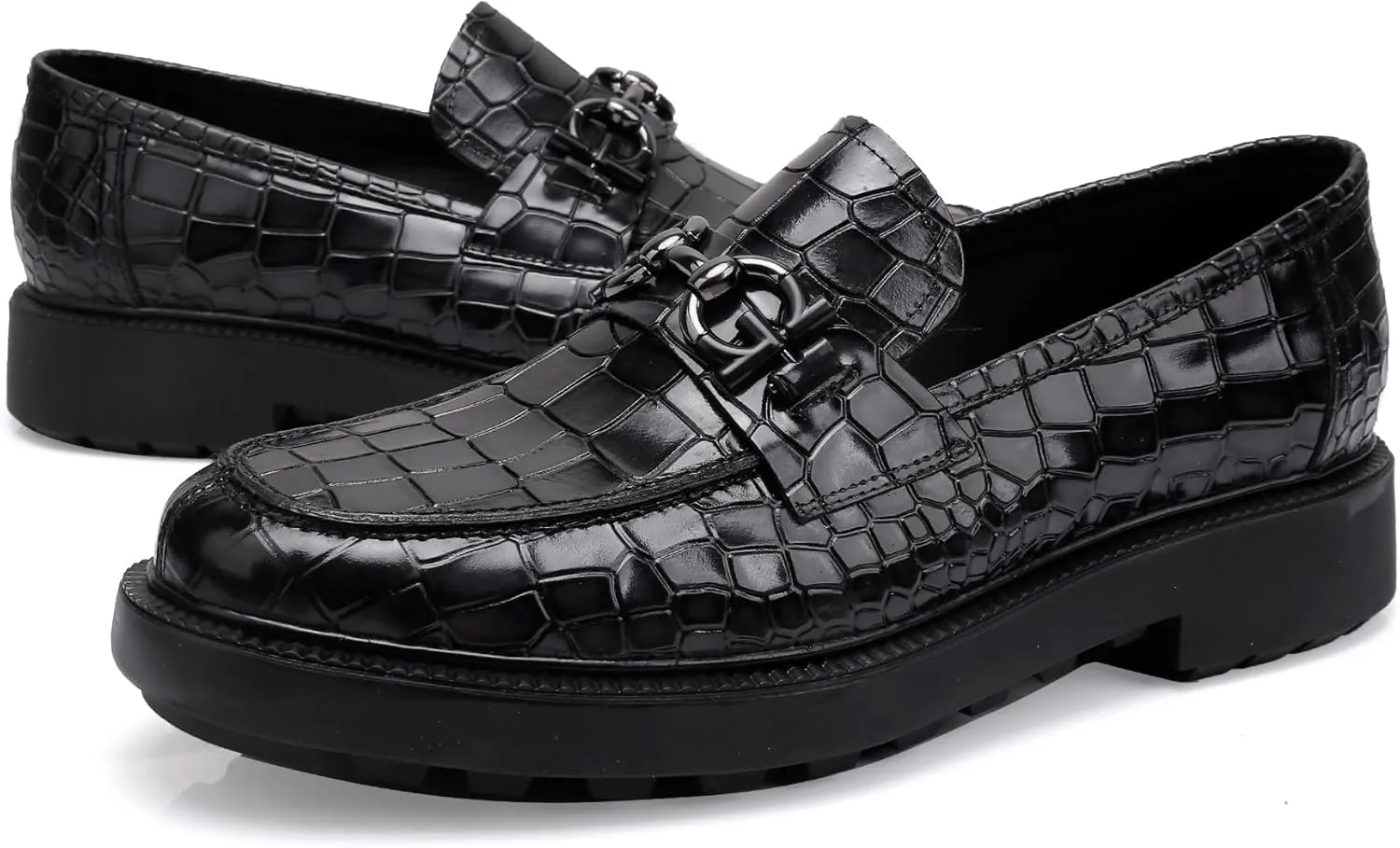 Premium Mens Leather Dress Shoes, Classic Casual Crocodile Printed Business Buckle Dress Slip on Penny Loafer Party Wedding Shoes for Mens