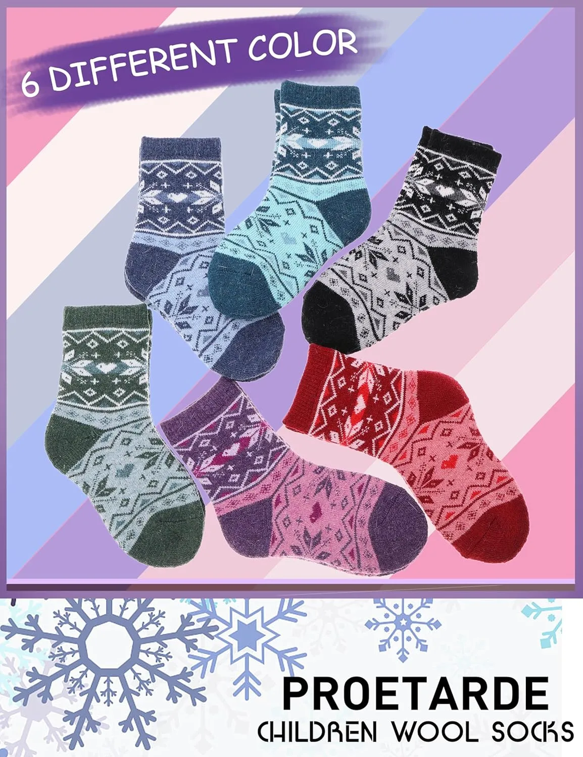 ProEtrade Merino Wool Socks for Kids Toddlers Boys Girls Thick Thermal Warm Winter Hiking Heavy Cozy Crew Socks 6 Pack