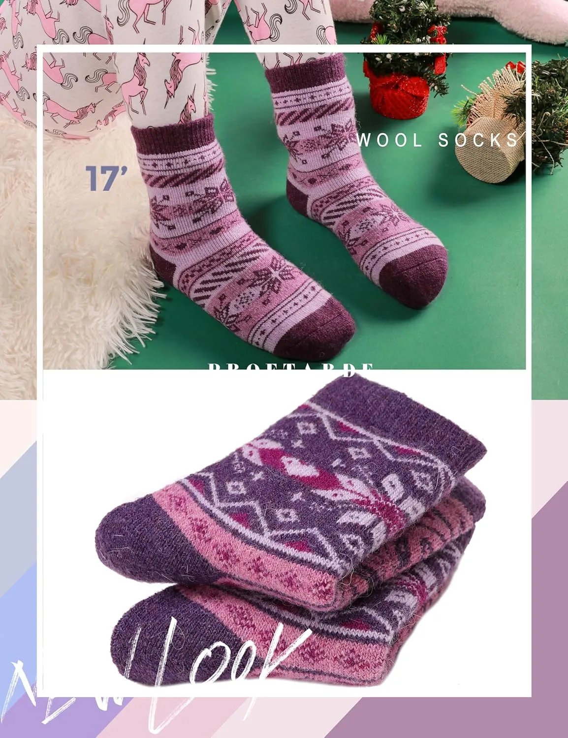 ProEtrade Merino Wool Socks for Kids Toddlers Boys Girls Thick Thermal Warm Winter Hiking Heavy Cozy Crew Socks 6 Pack