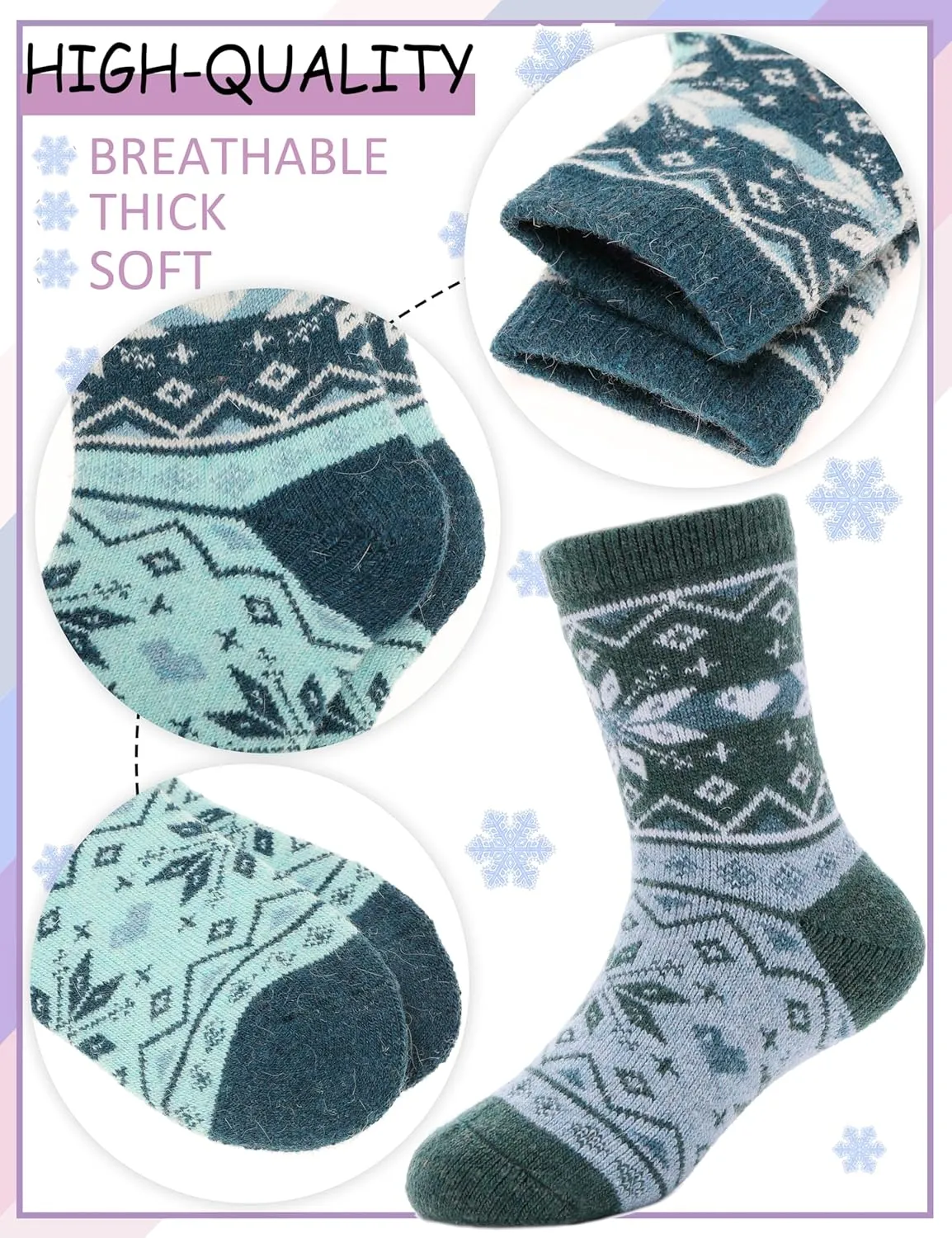 ProEtrade Merino Wool Socks for Kids Toddlers Boys Girls Thick Thermal Warm Winter Hiking Heavy Cozy Crew Socks 6 Pack
