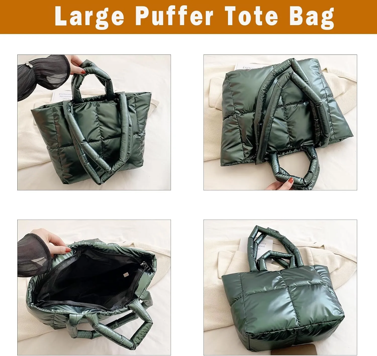 Puffer Tote Bag for Women,Light Weight Quilted Puffy Shoulder Handbag,Padded Down Hobo Purse for Girl
