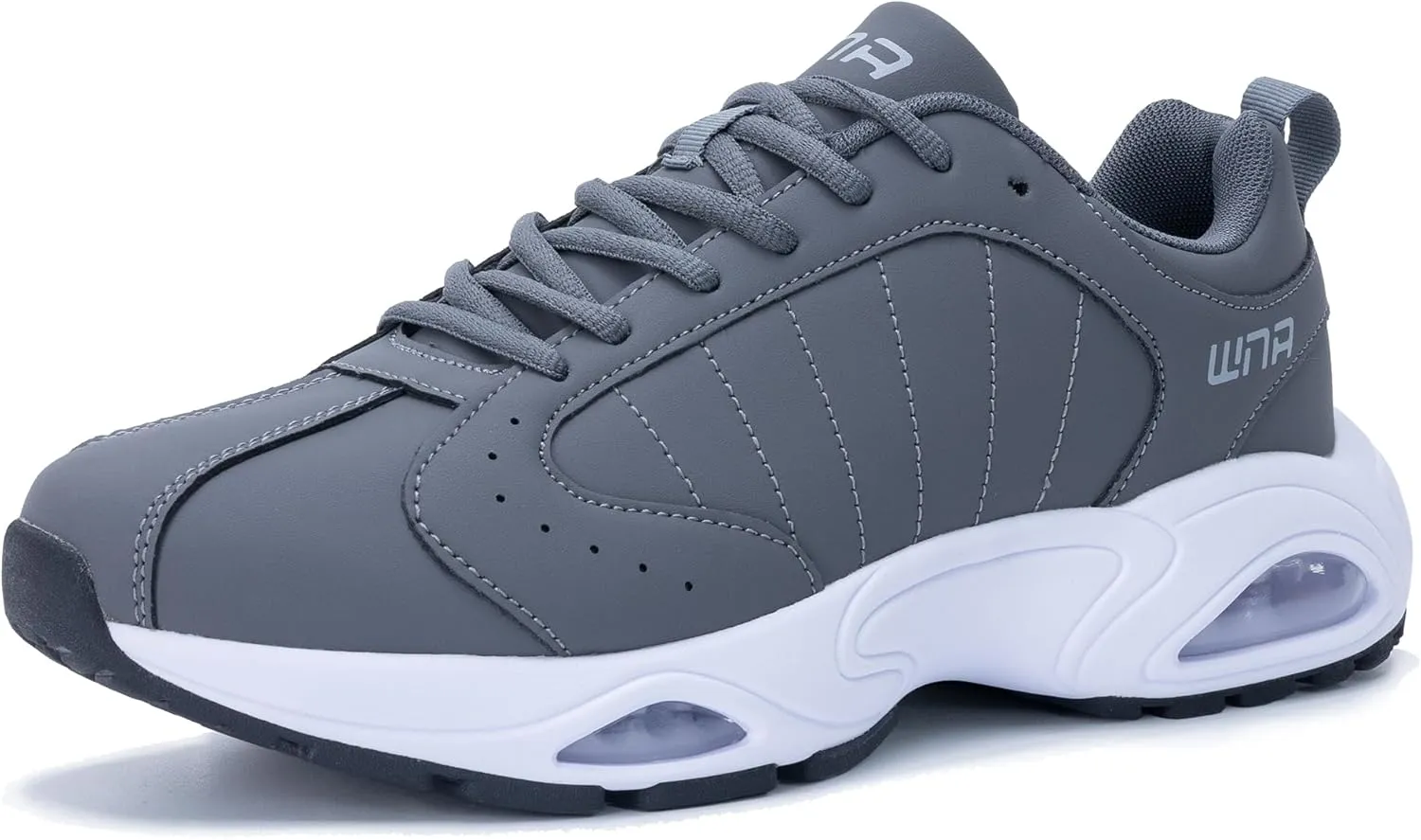 Quseek Mens Running Shoes Air Athletic Fashion Leather Sneakers Comfortable Non Slip Walking Jogging Workout Gym Sports Shoe Grey Size 9
