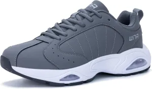 Quseek Mens Running Shoes Air Athletic Fashion Leather Sneakers Comfortable Non Slip Walking Jogging Workout Gym Sports Shoe Grey Size 9