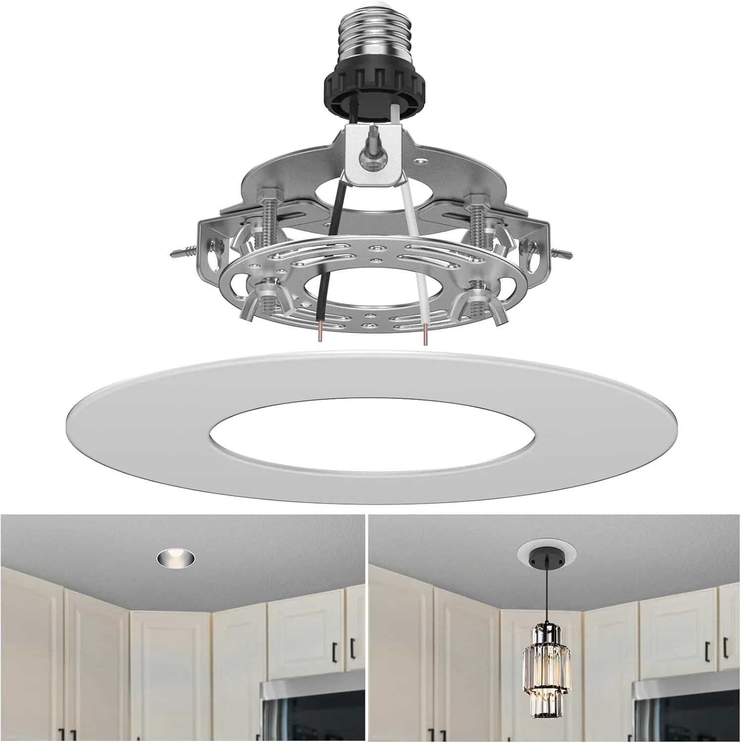 R5 and 6 Recessed Can Light Conversion Kit, Fixture Upgrade, Pendant & Hanging Light, Ceiling Fan Compatible, 7¾ Inch Flat Steel Ceiling Medallion, White Finish