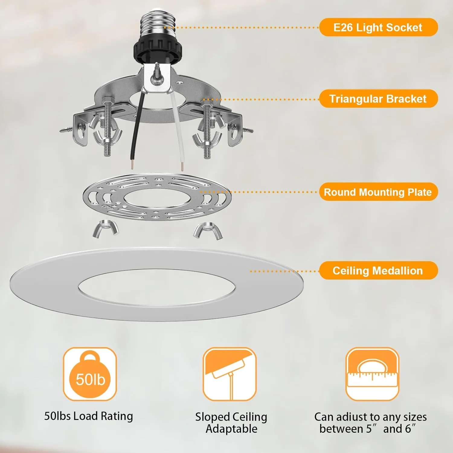 R5 and 6 Recessed Can Light Conversion Kit, Fixture Upgrade, Pendant & Hanging Light, Ceiling Fan Compatible, 7¾ Inch Flat Steel Ceiling Medallion, White Finish