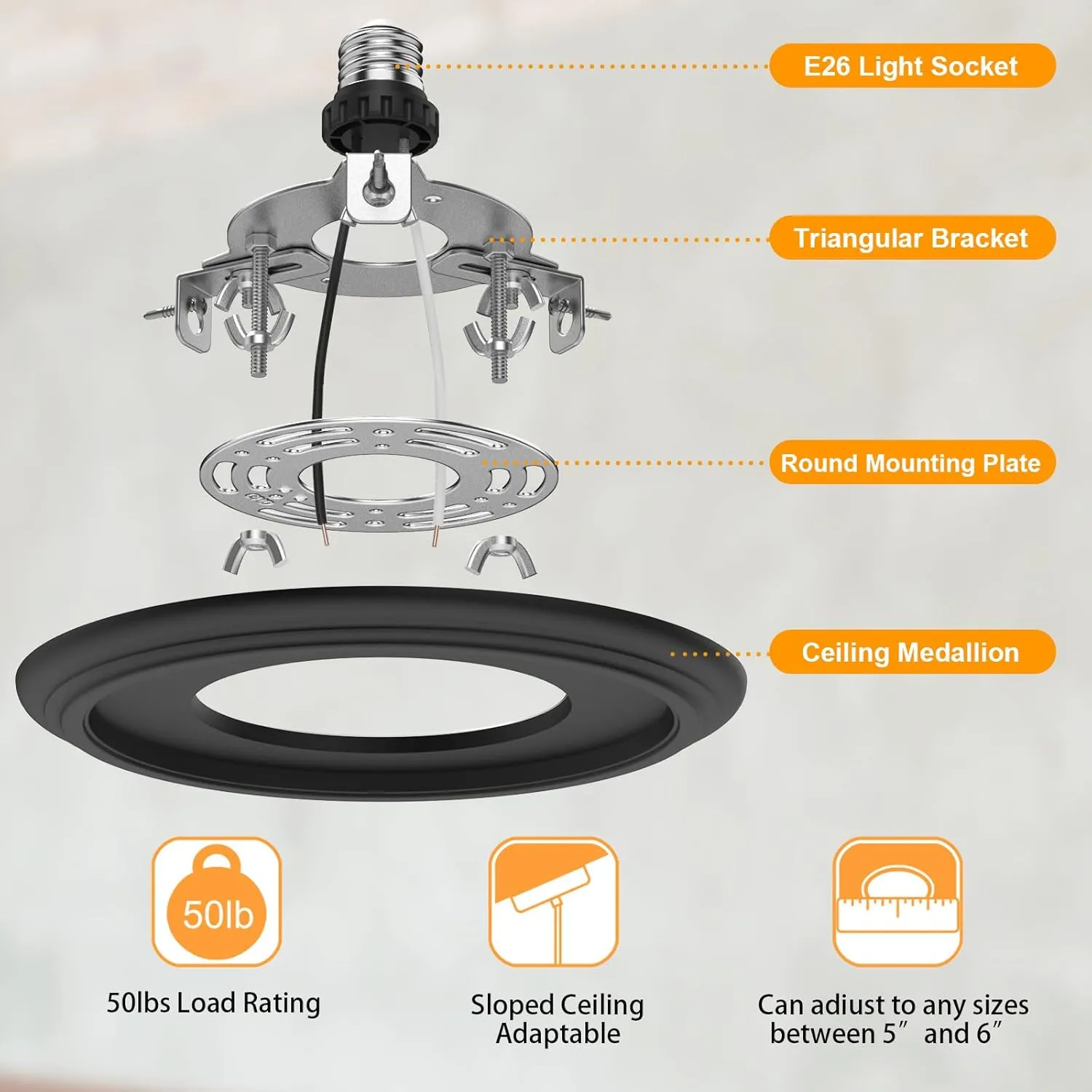 R5 and 6 Recessed Can Light Conversion Kit, for Ceiling Light Fixture, Pendant Light, Hanging Light, Ceiling Fan, with 7’¾ Beveled & Flat, Steel, Medallion, Black Finish